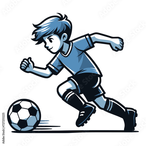 Happy cute little boy playing soccer football game in action cartoon vector illustration, kid player kicking ball design template isolated on white background