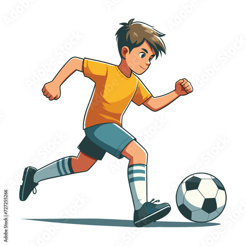 Happy cute little boy playing soccer football game in action cartoon vector illustration, kid player kicking ball design template isolated on white background