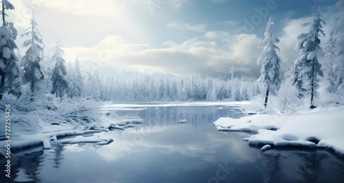 Glistening sunny winter scene, beautiful blue sky, clouds, calm river, pine trees, sunshine, white crisp snow and snowy covered pine trees ideal for a winter holiday theme background with copy space  © Nikki Zalewski