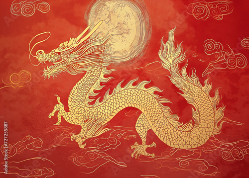 Chinese gold dragon in red on a red background for Chinese New Year, Chinese auspicious symbol