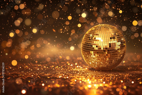 Golden Disco Ball Shimmering in Festive Ambience. A sparkling disco ball reflects a warm, glittery glow, creating a mood of celebration and dance