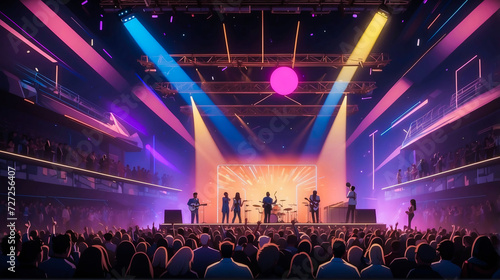 Online music band performing a concert show on a stage in the metaverse, party avatars 3d event