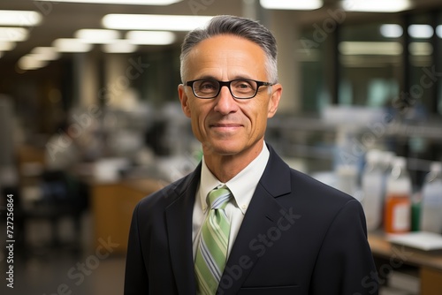 A gray-haired man in glasses and a suit looks at the camera against the background of an office