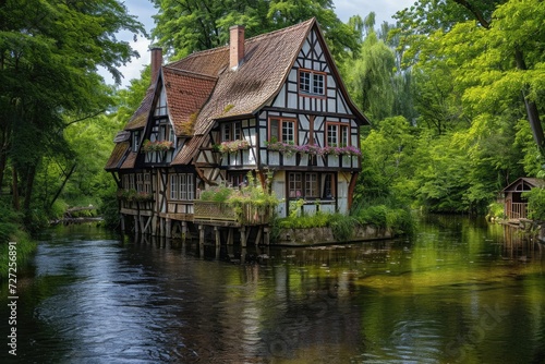 Quaint Half-Timbered House on Spreewald Canal: German Architecture & Nature