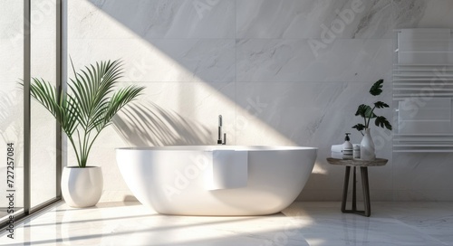 Luxurious Modern Bathroom Product Display with Ceramic Bathtub and Sunlit Granite Tile Wall