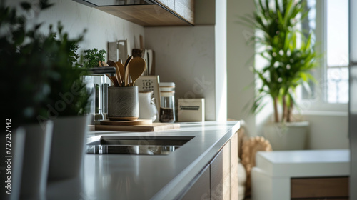 A cozy kitchen interior bathed in natural light with wooden cabinets and shelves adorned with plants, leading to a simple dining area with a welcoming atmosphere