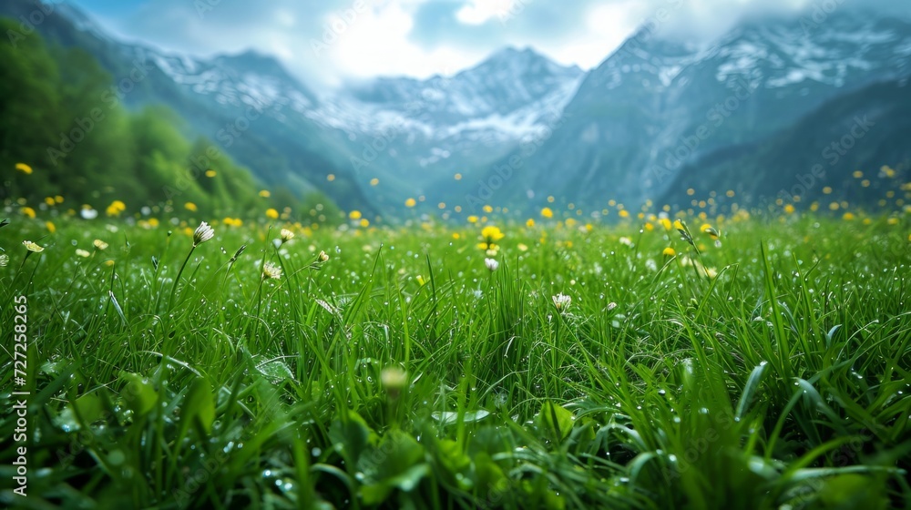 Tranquil Swiss Alps setting with macro shots of vibrant green meadows, showcasing the beauty of lush grass in intricate detail against the majestic backdrop of the mountains Generative AI