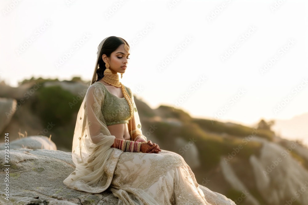 Young Indian woman wearing classic Indian sari, practicing in nature.