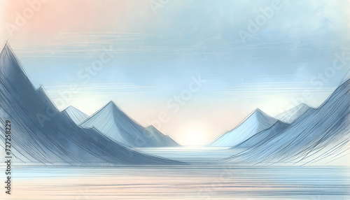 Paysage de montagnes stylisé et calme, dessiné avec des traits de crayon et baignant dans des nuances douces de bleu, rose et orange