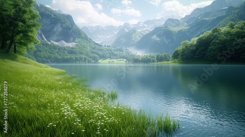 Tranquil Swiss lake setting with extensive green meadows along the shoreline, detailed and realistic close-ups of lush grass, showcasing the beauty of the alpine lakeside Generative AI