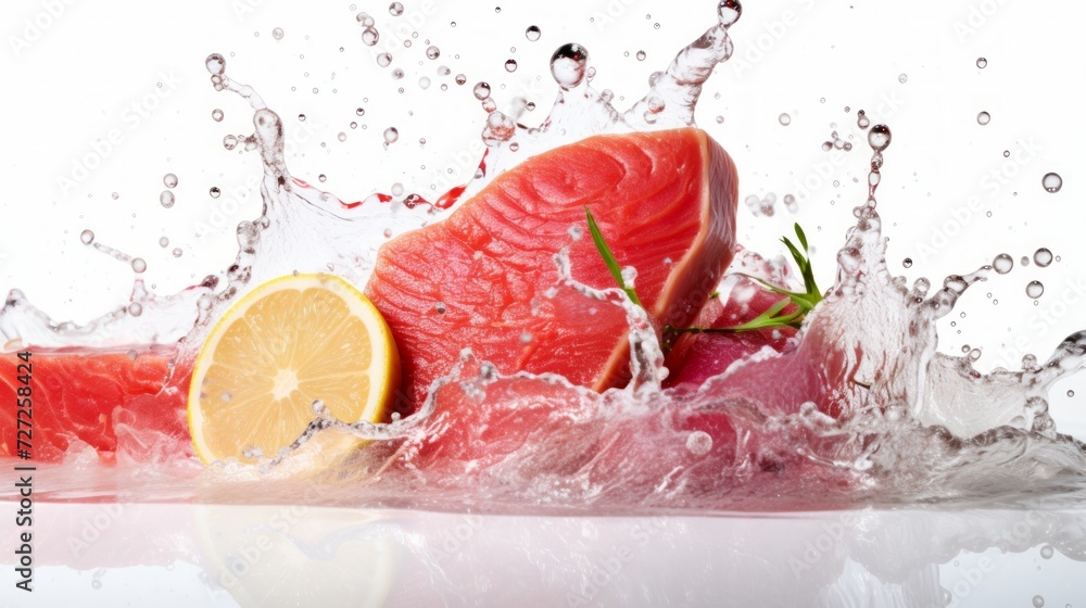 Tuna steak fillet on pristine white background Generative AI Tuna steak fillet on pristine white background Generative AI