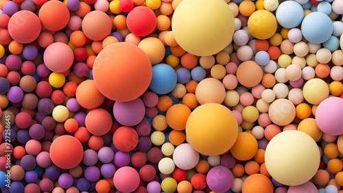 Colorful matte soft balls in orange yellow tones and different sizes. Background with many colored big and small random spheres. Flat lay with lots of different colored orbs. Vector background