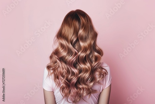 back view of a woman with long curly hair, in the style of light pink and brown