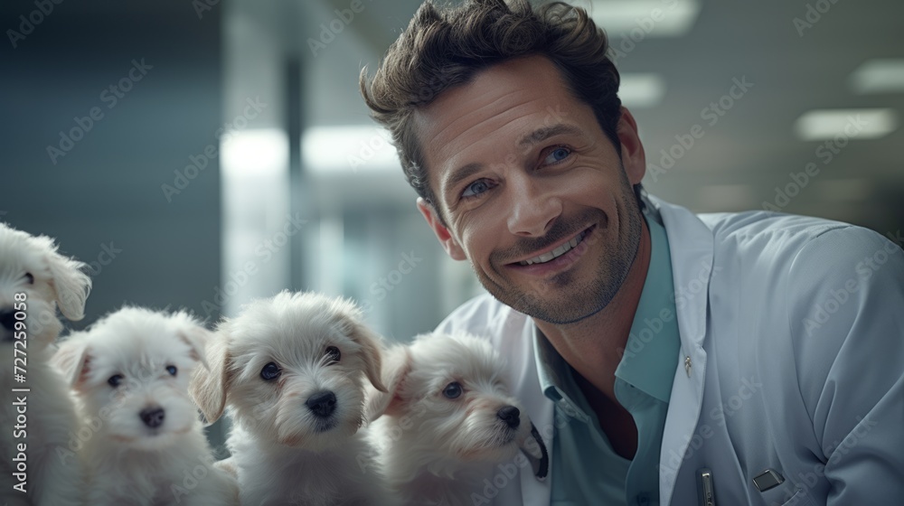 Veterinarian interacting with a group of puppies, smiling and playful, clinic ambiance in the background Generative AI Veterinarian interacting with a group of puppies, smiling and playful, clinic ambiance in the background Generative AI