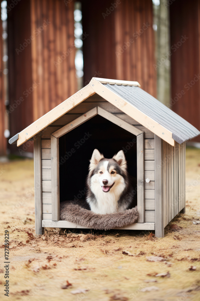 Playful Puppy – A Cute and Happy White Domestic Dog with a Funny Face, Enjoying the Sunshine in a Wooden Doghouse amidst the Green Grass and Brown Fence