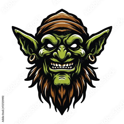Goblin orc head face vector character illustration, mythical fantasy horror monster design template isolated on white background