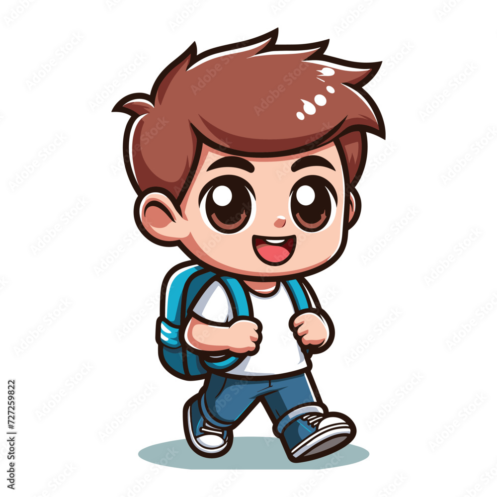 Cute little children stand with backpack, smiling kid heading to school cartoon character, vector illustration isolated on white background Cute little children stand with backpack, smiling kid heading to school cartoon character, vector illustration isolated on white background