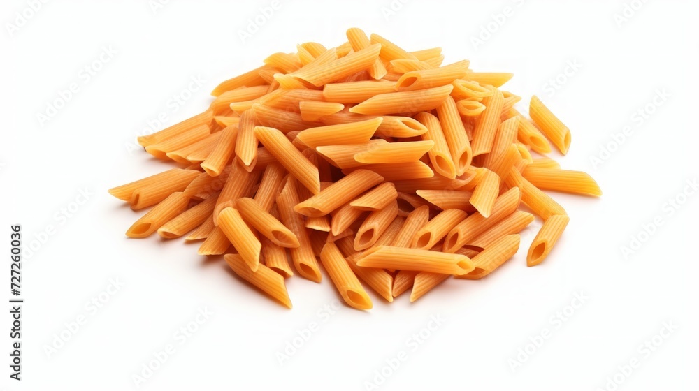 A heap of penne pasta captured in a close-up realistic photo against a white background Generative AI A heap of penne pasta captured in a close-up realistic photo against a white background Generative AI
