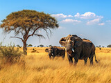 A breathtaking scene of Africa's vast savannah, teeming with diverse wildlife in the golden sunlight.