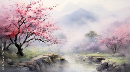 A serene, misty morning in a cherry blossom garden. landscape watercolor Generative AI