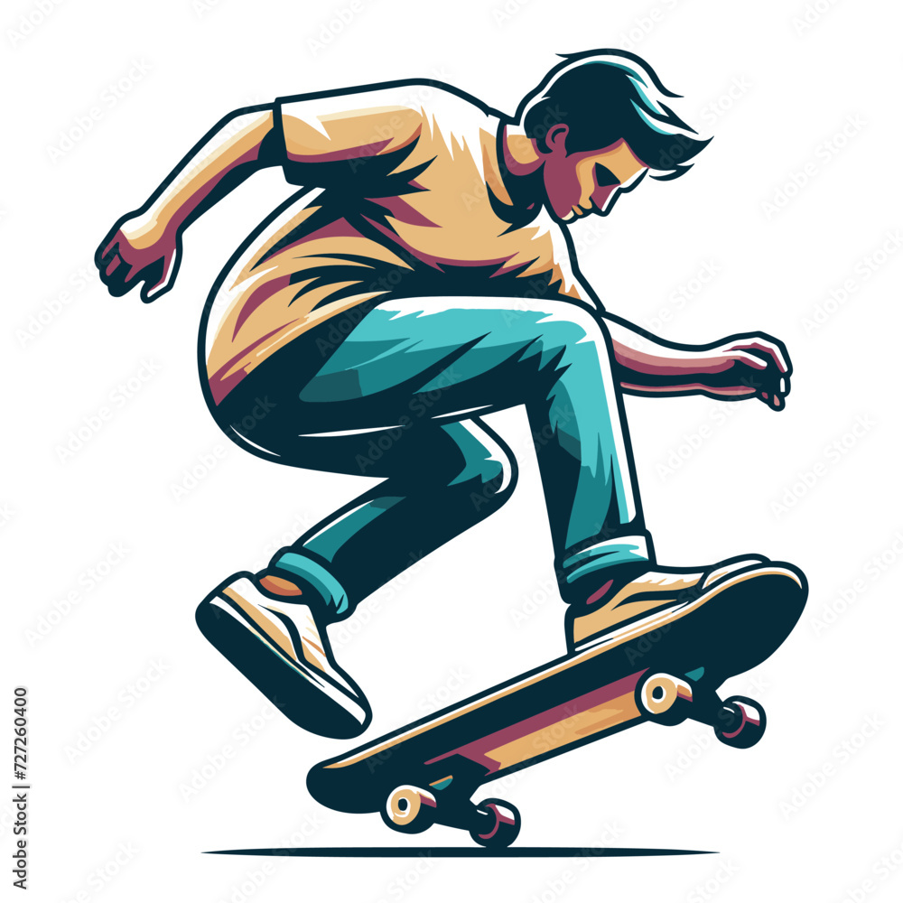 Man playing skateboard vector illustration, skateboarding sport game male player in action flat design style template isolated on white background Man playing skateboard vector illustration, skateboarding sport game male player in action flat design style template isolated on white background