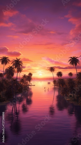 Aerial perspective showcasing a serene archipelago with lush palm trees set against the backdrop of a mesmerizing sunset painting the sky in hues of orange, pink, and purple. photorealistic epic light © vadosloginov