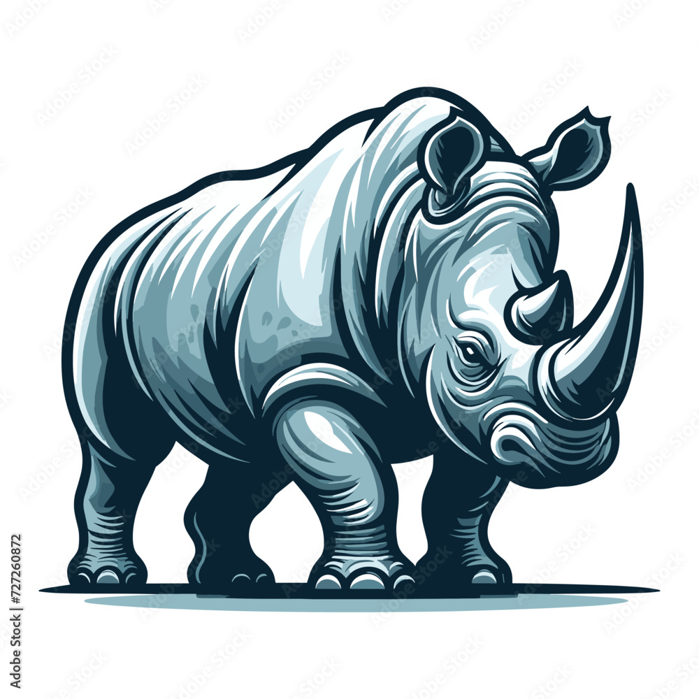 African savannah standing rhinoceros vector design, zoology illustration, wild animal rhino logo template isolated on white background