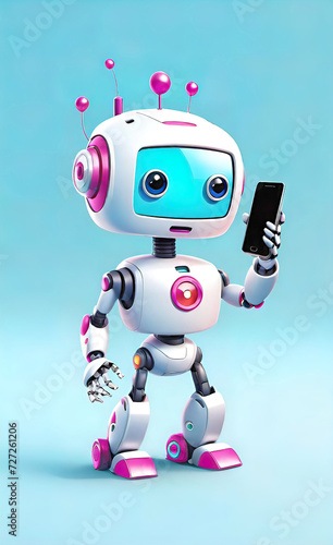 vector illustration, 3D robot character interacting with advanced technology smartphone interface, cyber cartoon character, background for smartphone or shorts, © Perecciv