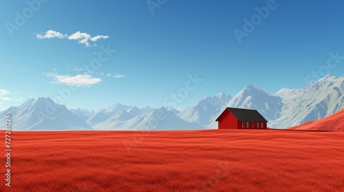 On the big red grass there was a big red hut. With realistic looking mountain behind it. The red hut pillars on the red grass make the scene look charming and realistic.The mountains in the background