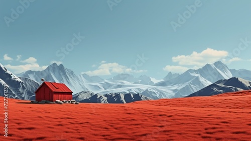 On the big red grass there was a big red hut. With realistic looking mountain behind it. The red hut pillars on the red grass make the scene look charming and realistic.The mountains in the background