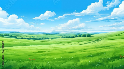 a clear green inspired long wide grass field in summer, anime artwork