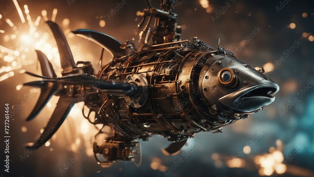 a steampunk A dynamic scene of a steampunk tuna fish, with wires, propellers, and guns, racing a steampunk A dynamic scene of a steampunk tuna fish, with wires, propellers, and guns, racing