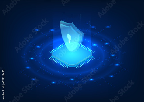 Microchip technology equipped with cyber security system Protection against virus threats Data theft and attacks Shield placed on top of microchip pad Vector illustration