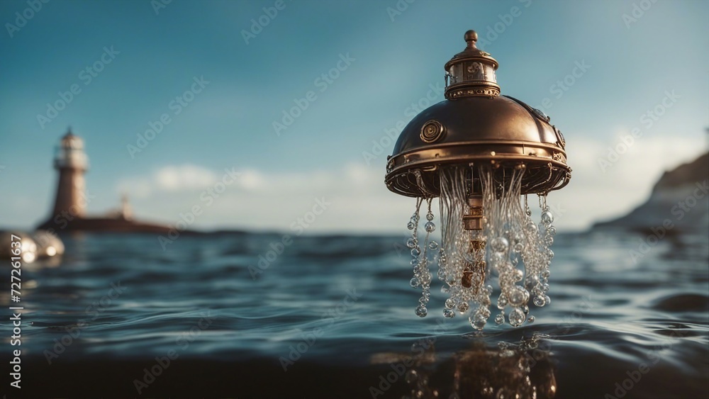       A steampunk scene of a metal jelly fish floating in the ocean, with a light   - obrazy, fototapety, plakaty 