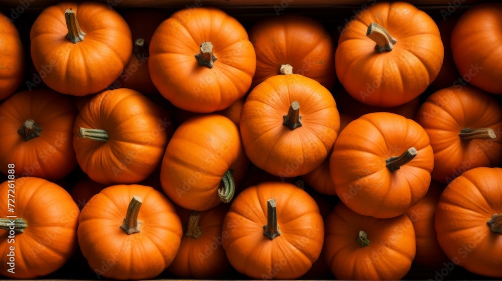 Obraz premium Box filled with bright orange pumpkins, close-up realistic photo Generative AI