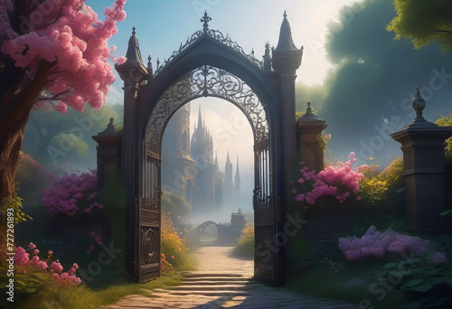 A mysterious portal in the form of a gate to another world, intricate patterns on the gate, fantastic flowering trees and beautiful flowers,