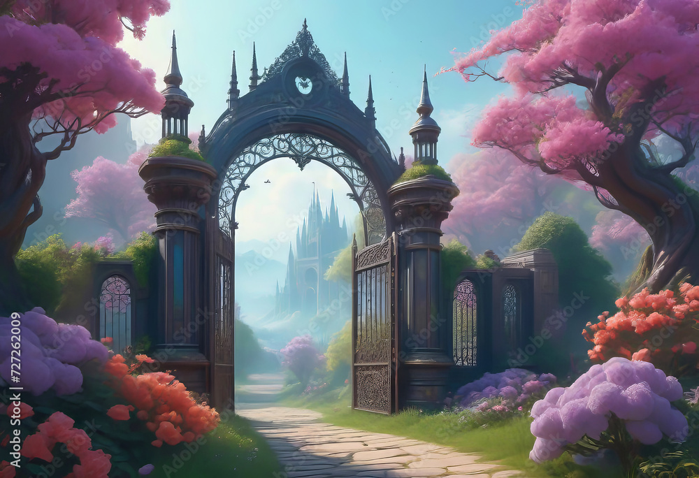 A mysterious portal in the form of a gate to another world, intricate patterns on the gate, fantastic flowering trees and beautiful flowers, - obrazy, fototapety, plakaty 