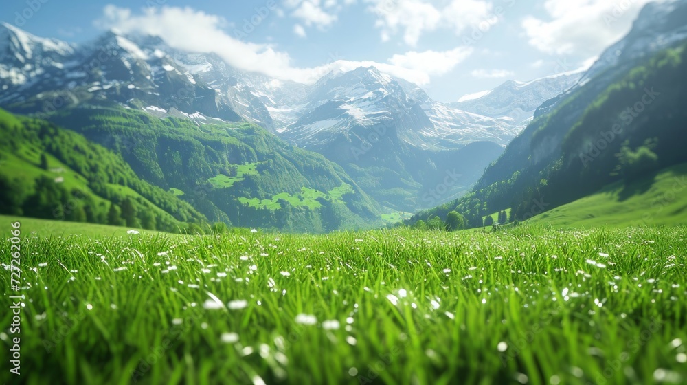 Breathtaking Swiss mountain vista with close-up macro views of lush green meadows and detailed shots of swaying grass blades, highlighting the natural splendor of the alpine landscape Generative AI