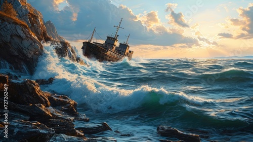 Cargo ship passing by rocky cliffs, turbulent waves, detailed and dynamic photorealistic depiction Generative AI
