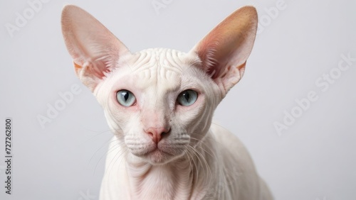 Portrait of White sphynx cat on grey background