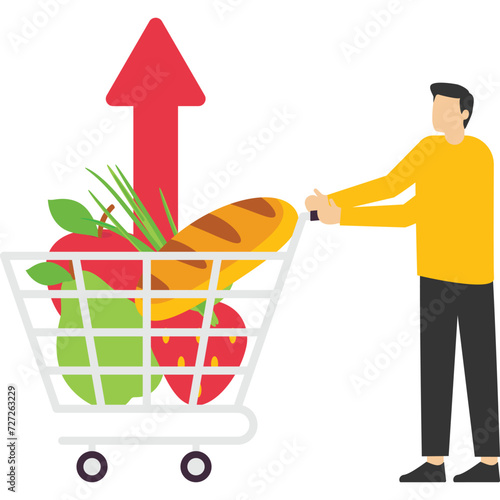 inflation illustration concept. Growth of consumer price index and financial crisis concept. The character buys food in the supermarket and is worried about rising prices for groceries. Vector illustr