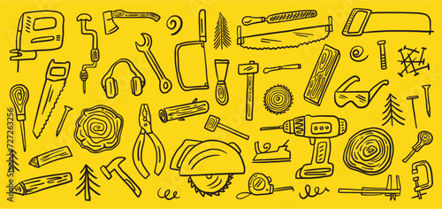 Vector collection of hand-drawn carpentry tools in doodle style