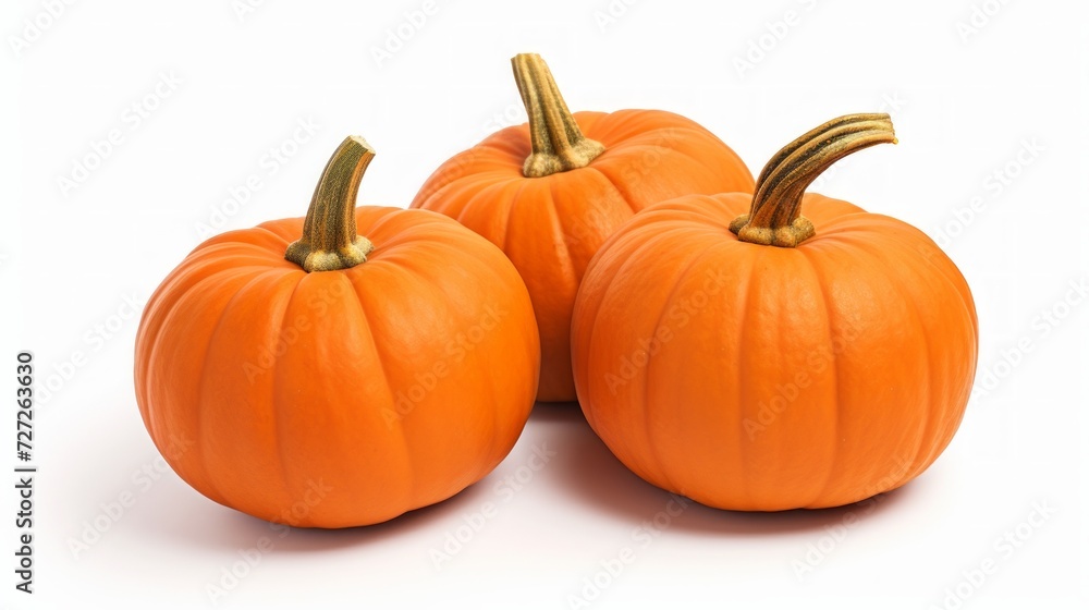 Close-up realistic photo featuring three bright orange pumpkins on a white background Generative AI Close-up realistic photo featuring three bright orange pumpkins on a white background Generative AI