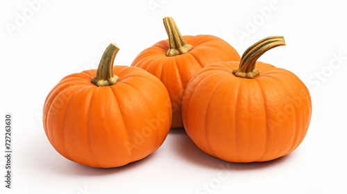 Close-up realistic photo featuring three bright orange pumpkins on a white background Generative AI