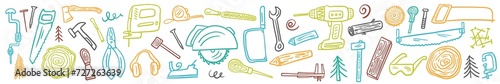 Horizontal illustration of a collection of hand-drawn carpentry tools in the doodle style photo