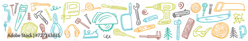 Vector horizontal pattern from a collection of hand-drawn carpentry tools in the doodle style