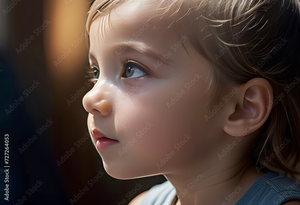 Surprised little child looking up, portrait of a child, concept of a happy and healthy childhood,