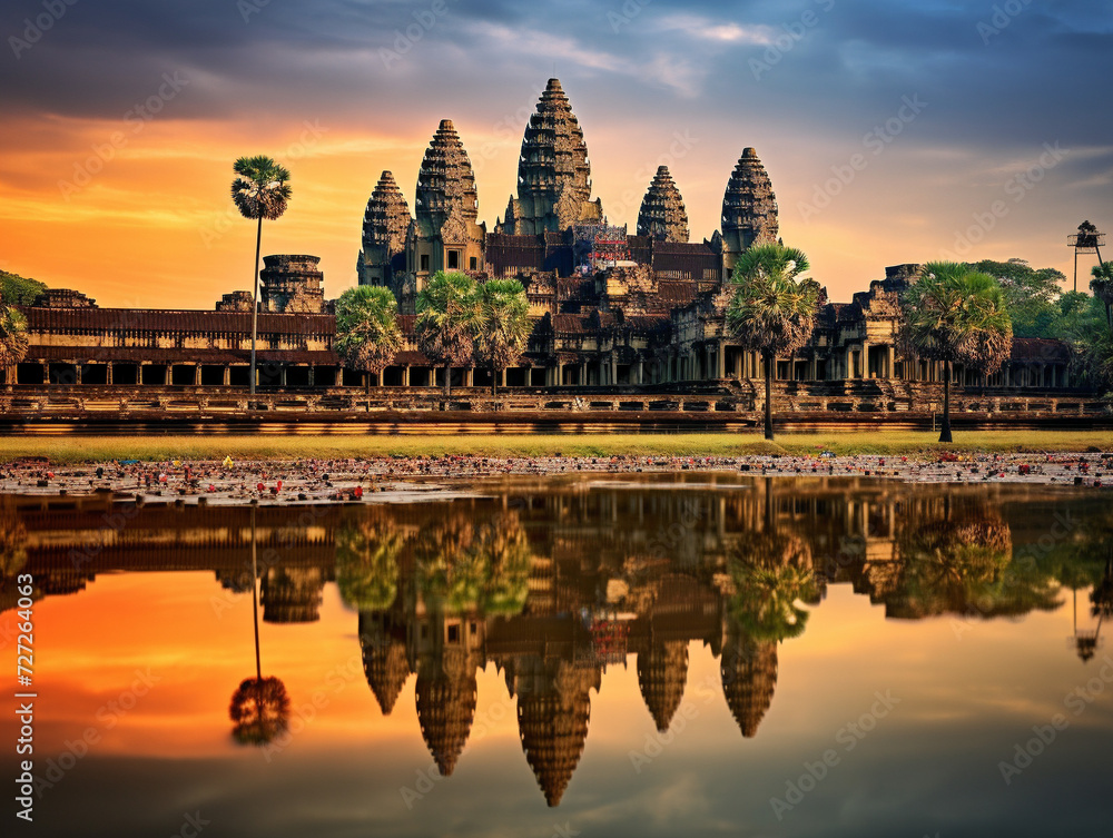 Fototapeta premium Aerial view of the majestic Angkor Wat temple in Cambodia, recognized as a UNESCO World Heritage site.