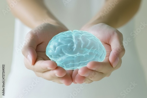 Holographic visualization of human brain floating in the air, being examined by hands