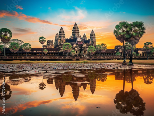 A stunning view of the iconic Angkor Wat temple in Cambodia  designated a UNESCO World Heritage site.